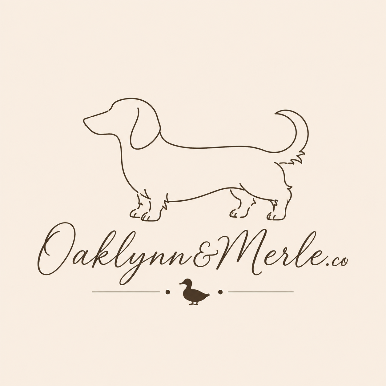 A minimalist logo featuring a brown outline drawing of a dachshund above the text 'Oaklynn&Merle.co' and a small dachshund silhouette, all on a warm cream background.