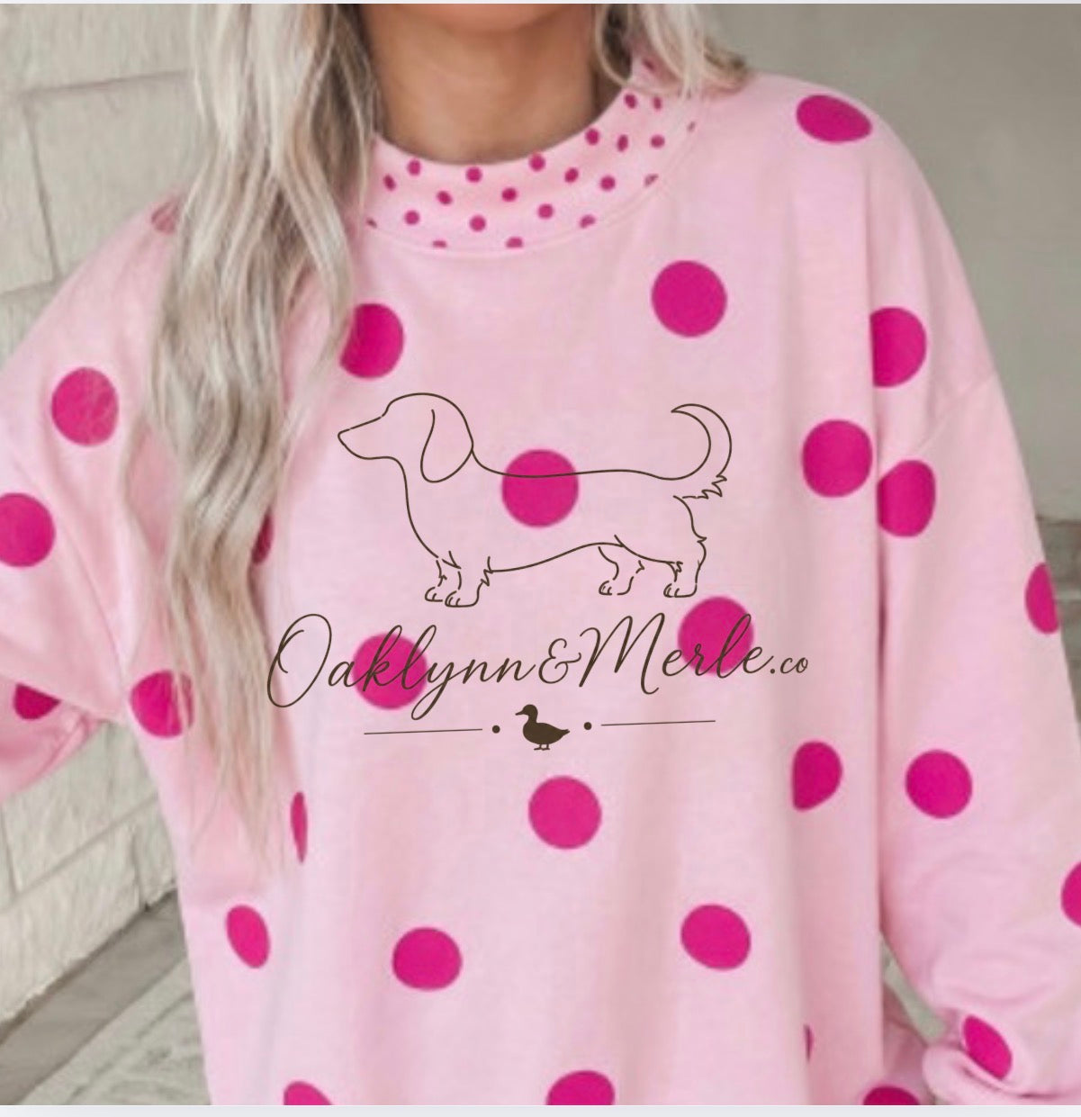 Oaklynn & Merle Co. Pink Polka Dot Dachshund Crewneck Sweatshirt