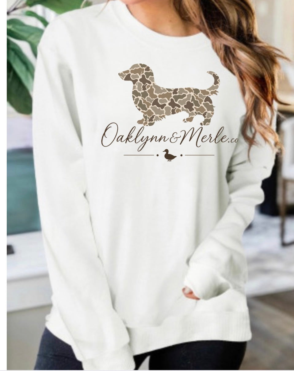 Oaklynn & Merle Co. Camo Dachshund White Crewneck Sweatshirt