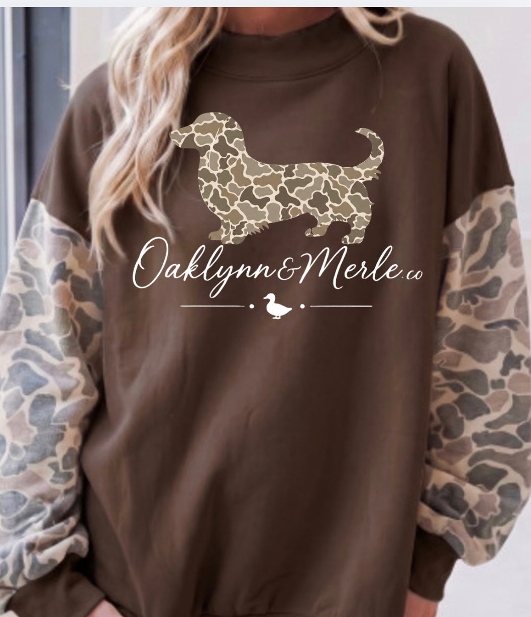 Oaklynn & Merle Co. Camo Dachshund Crewneck Sweatshirt