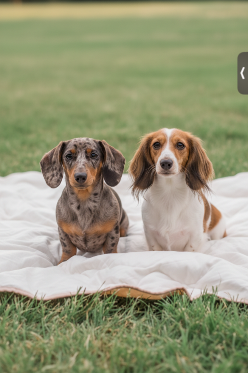 Two dachshunds on a blanket